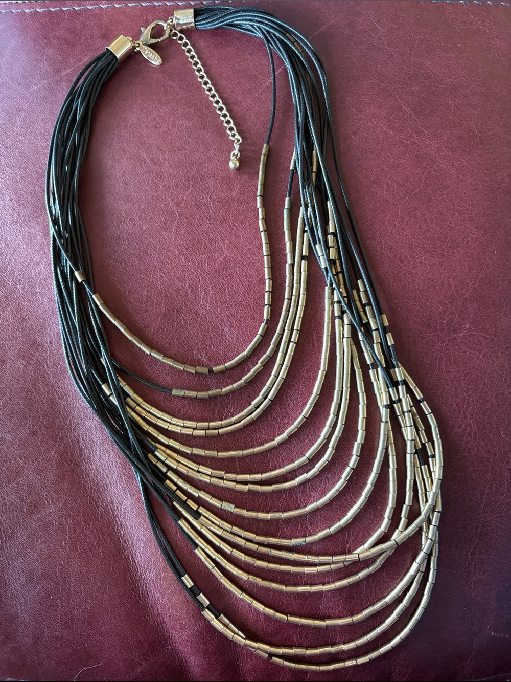 Vintage Signed Natasha Gold Tone Waterfall Cord Bib Statement Necklace